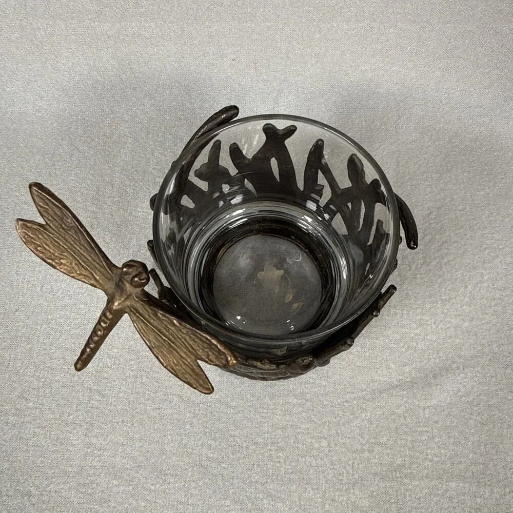 Vintage Dragonfly Brass Votive Candle Holder Design W/Glass Insert 4.25”
